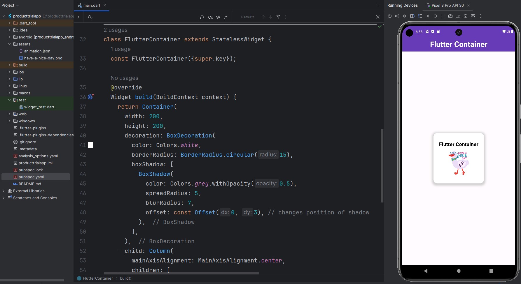 use a Flutter container
